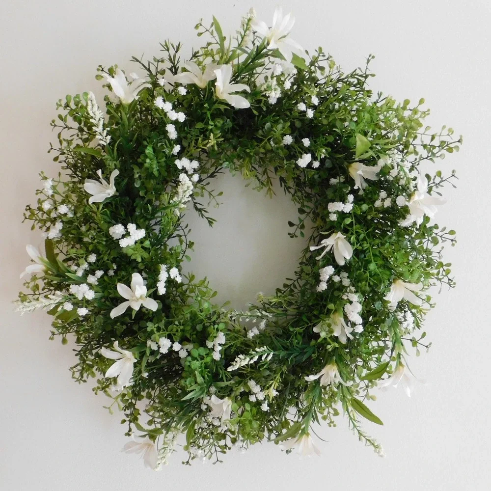 White Flower Boxwood Wreath, Minimalist Greenery, Front Door Decor